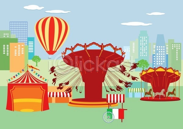 사람없음 EPS 실루엣 일러스트 해외이미지 건물 구름(자연) 놀이공원 도시 빨간색 연두색 열기구 해외202004 회전그네 회전목마