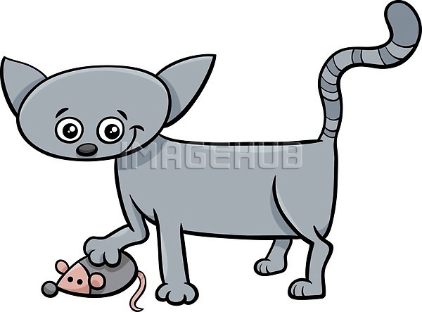 귀여움 사람없음 EPS 일러스트 해외이미지 고양이 누름 만화 미소(표정) 장난감 쥐 회색