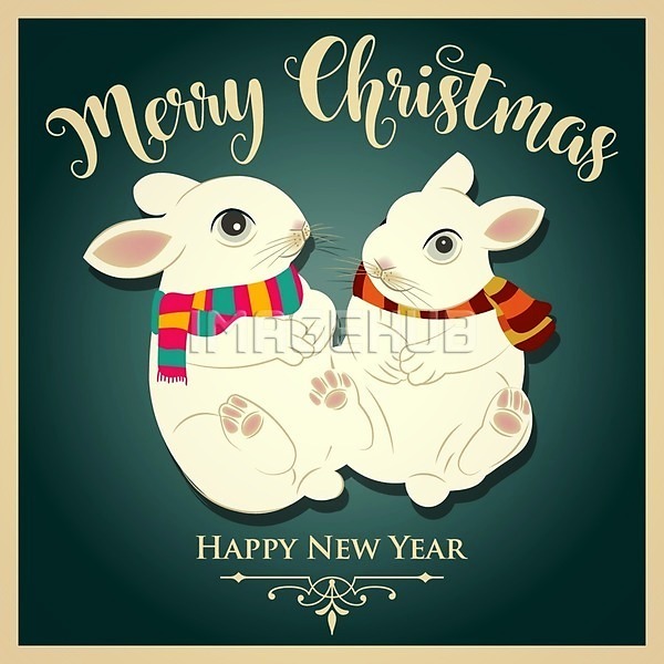 축하 사람없음 EPS 일러스트 해외이미지 두마리 디자인 레터링 목도리 백그라운드 초록색 크리스마스 크리스마스배경 크리스마스카드 토끼 해외202004 해피뉴이어