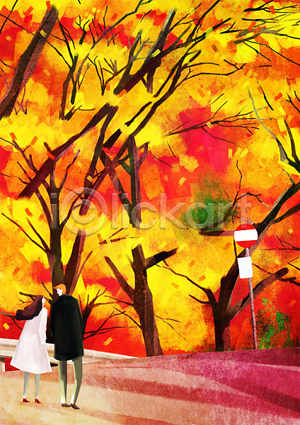 남자 두명 사람 성인 성인만 여자 PSD 일러스트 가을(계절) 계절 나무 낙엽 단풍 단풍나무 데이트 식물 야외 은행나무 주간 커플 표지판 풍경(경치)