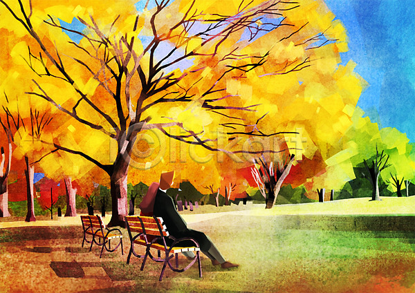 남자 두명 사람 성인 성인만 여자 PSD 일러스트 가을(계절) 계절 나무 낙엽 단풍 단풍나무 데이트 벤치 식물 앉기 야외 은행나무 주간 커플 풍경(경치)