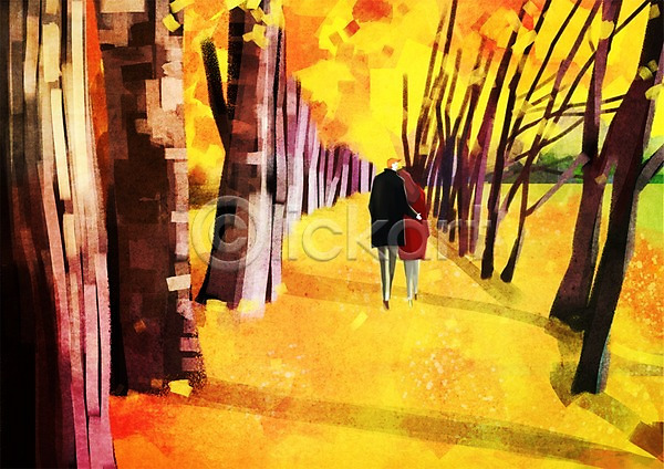남자 두명 사람 성인 성인만 여자 PSD 뒷모습 일러스트 가을(계절) 계절 나무 낙엽 단풍 단풍나무 데이트 식물 야외 은행나무 주간 커플 풍경(경치)