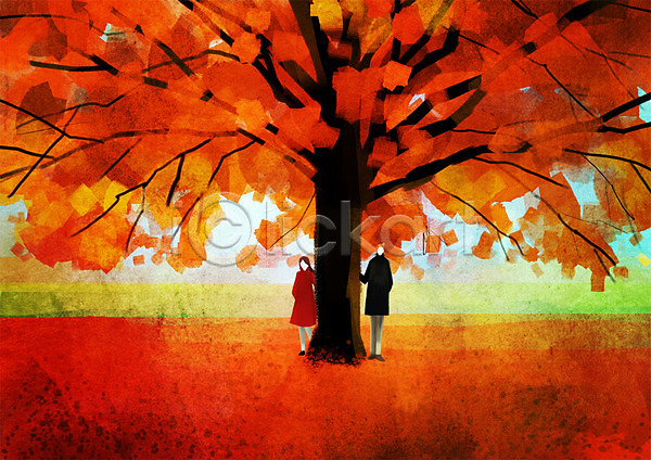 남자 두명 사람 성인 성인만 여자 PSD 일러스트 가을(계절) 계절 나무 낙엽 단풍 단풍나무 데이트 식물 야외 은행나무 주간 커플 풍경(경치)