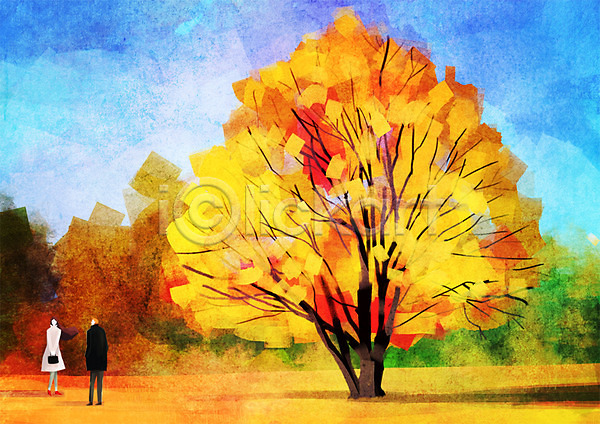 남자 두명 사람 성인 성인만 여자 PSD 일러스트 가을(계절) 계절 나무 낙엽 단풍 단풍나무 데이트 식물 야외 은행나무 주간 커플 풍경(경치)