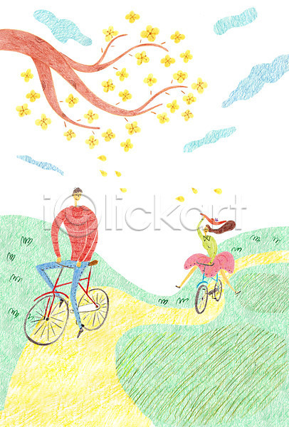 남자 두명 사람 성인 성인만 여자 PSD 일러스트 구름(자연) 나무 데이트 식물 야외 자전거 주간 커플