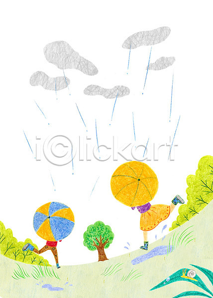 남자 두명 사람 어린이 어린이만 여자 PSD 일러스트 구름(자연) 나무 달리기 달팽이(동물) 비(날씨) 숲속 식물 야외 우산 주간