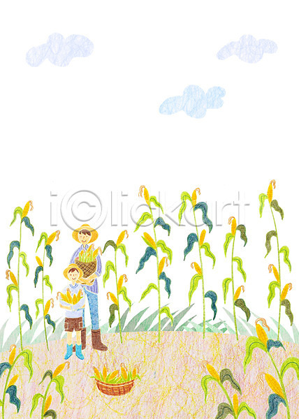 남자 남자만 두명 사람 성인 어린이 PSD 일러스트 곡류 농부 바구니 아들 아빠 야외 옥수수 옥수수밭 주간