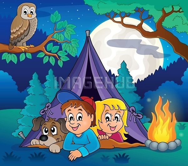 남자 두명 소녀(어린이) 소년 어린이 어린이만 여자 EPS 일러스트 해외이미지 개 나무 달 모닥불 부엉이 상반신 야간 엎드리기 캠핑 텐트