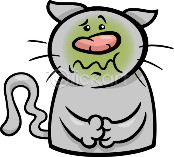 고통 귀여움 사람없음 EPS 일러스트 해외이미지 고양이 구토 만화 복통 회색