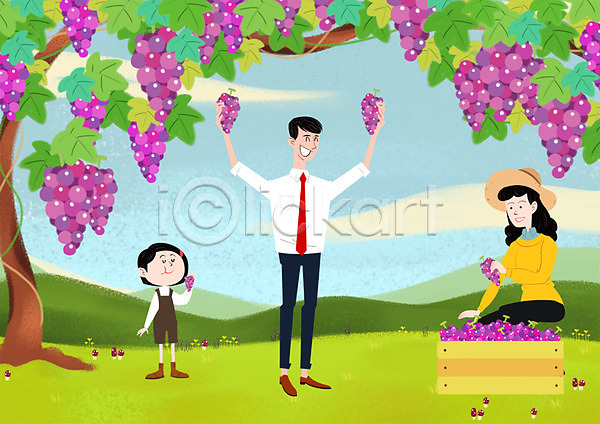 계획 상쾌 즐거움 남자 사람 성인 세명 어린이 여자 PSD 일러스트 가족 과일 귀농 농사 비즈니스맨 수확 야외 자연 정장 주간 포도 포도나무