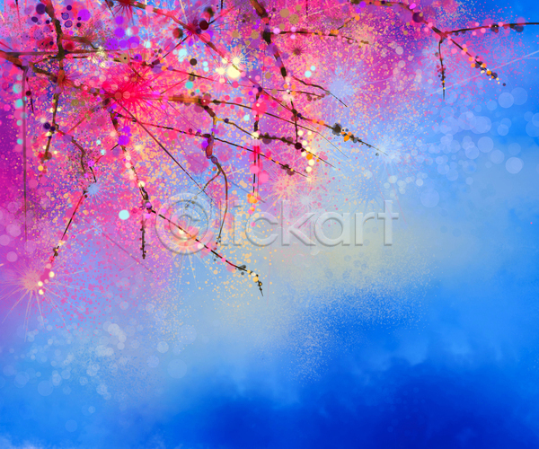 사람없음 JPG 포토 해외이미지 그림 꽃 미술 벚꽃 벚나무 분홍색 손그림 수채화(물감) 파란색 해외202004
