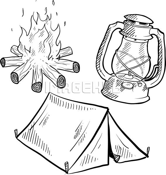 사람없음 EPS 일러스트 해외이미지 라인아트 램프 모닥불 캠핑 텐트