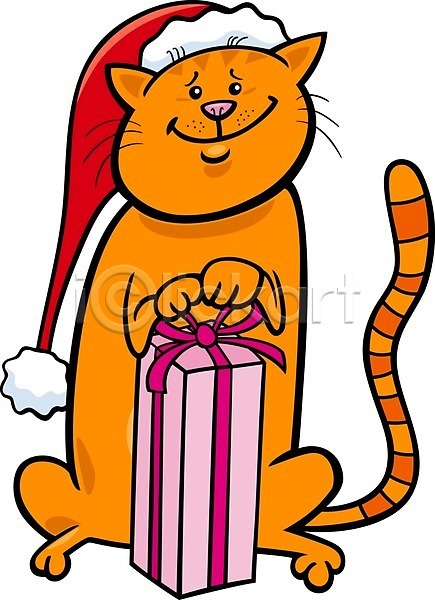 귀여움 사람없음 EPS 일러스트 해외이미지 고양이 만화 미소(표정) 산타모자 선물상자