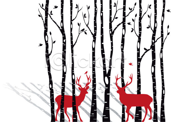 사람없음 EPS 실루엣 일러스트 해외이미지 검은색 겨울 그림 그림자 백그라운드 빨간색 뿔 사슴 순록 숲 잎 자연 자작나무 크리스마스 해외202004 흰색