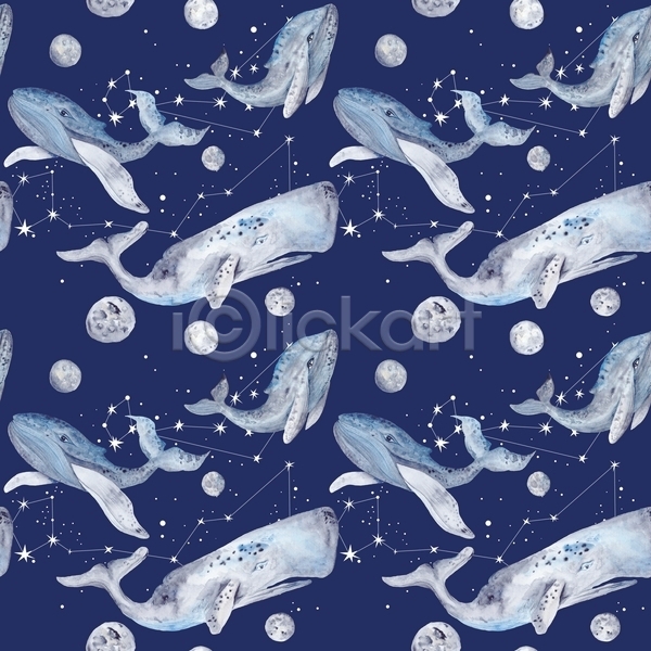 사람없음 JPG 포토 해외이미지 고래 고래자리 달 동물 별 수채화(물감) 파란색 패턴 해외202004 행성