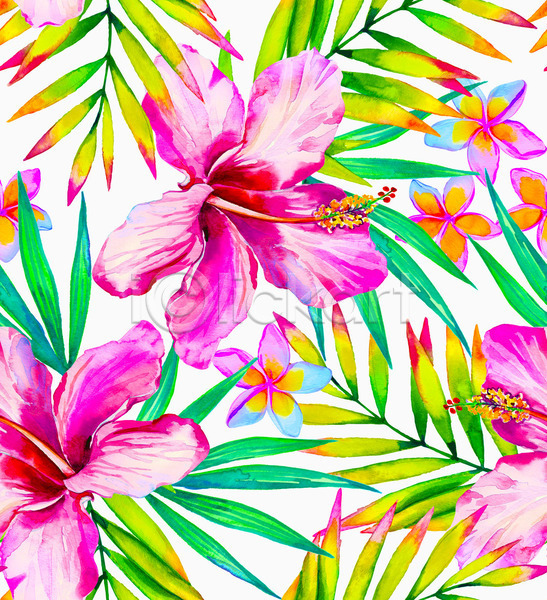행복 사람없음 JPG 일러스트 포토 해외이미지 강렬 그림 꽃 꽃무늬 백그라운드 분홍색 섬 손 손바닥 수영복 수채화(물감) 스타일 식물 알로하 여름(계절) 유행 이국적 잎 정원 질감 파라다이스 하와이 해외202004 휴가 히비스커스