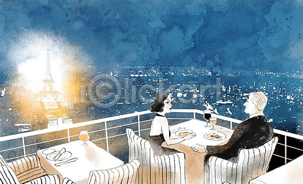 남자 두명 사람 성인 성인만 여자 PSD 일러스트 백그라운드 세계여행 식당 식사 야간 야외 에펠탑 여행 커플 프랑스