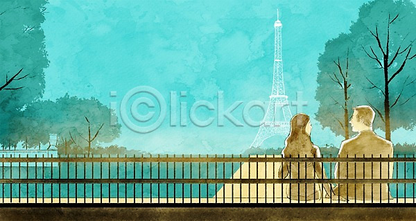 남자 두명 사람 성인 성인만 여자 PSD 일러스트 공원 데이트 백그라운드 세계여행 야외 에펠탑 여행 주간 커플 프랑스