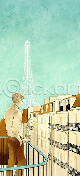 남자 남자만 남자한명만 사람 성인 성인남자만 성인만 한명 PSD 일러스트 건물 발코니 백그라운드 세계여행 야외 에펠탑 여행 주간 프랑스