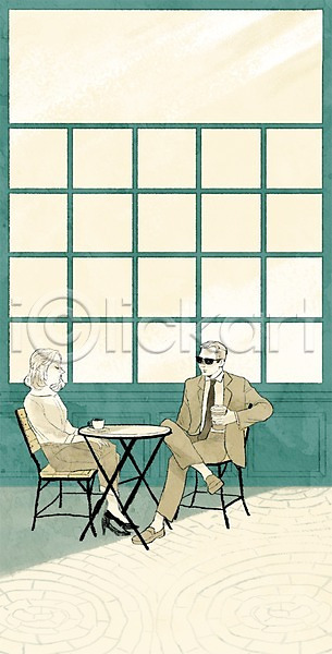 휴식 남자 두명 사람 성인 성인만 여자 PSD 일러스트 백그라운드 세계여행 앉기 여행 의자 창문 카페 커피 탁자