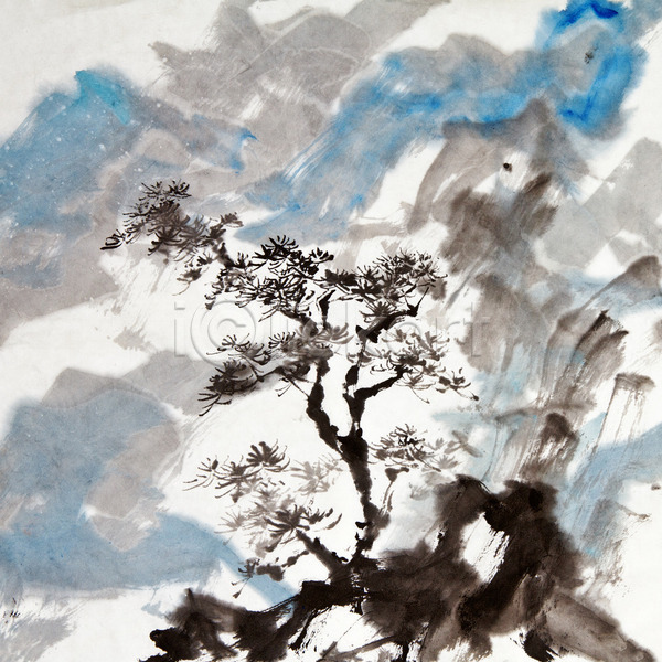 사람없음 JPG 포토 해외이미지 그림 동양화 먹 미술 번짐 붓터치 산 소나무 풍경(경치) 해외202004