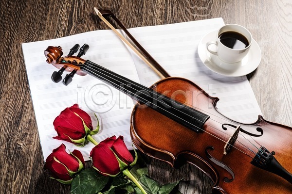우아함 사람없음 JPG 포토 해외이미지 나무바닥 바이올린 바이올린활 악보 장미 차받침대 커피 커피잔 해외202004