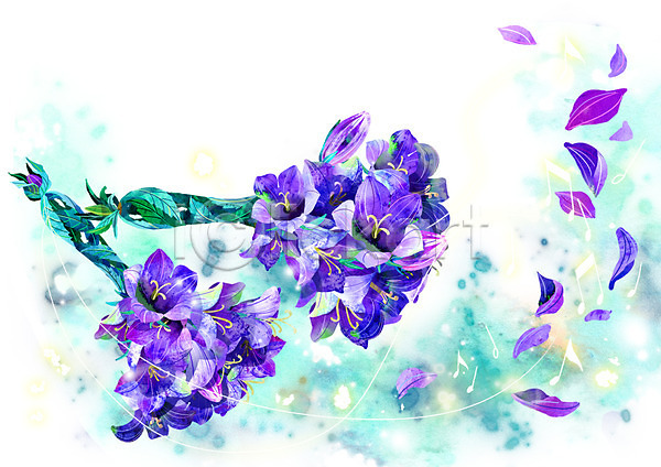 신비 화려 사람없음 PSD 일러스트 꽃 꽃잎 도라지꽃 백그라운드 보라색 식물 악기 음표 컨셉 핸드벨 활용