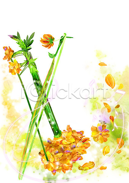 신비 화려 사람없음 PSD 일러스트 꽃 꽃잎 노란색 백그라운드 식물 악기 음표 컨셉 코스모스(꽃) 해금 활용