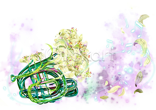 신비 화려 사람없음 PSD 일러스트 꽃 꽃잎 백그라운드 백합(꽃) 식물 악기 음표 컨셉 트럼펫 활용 흰색