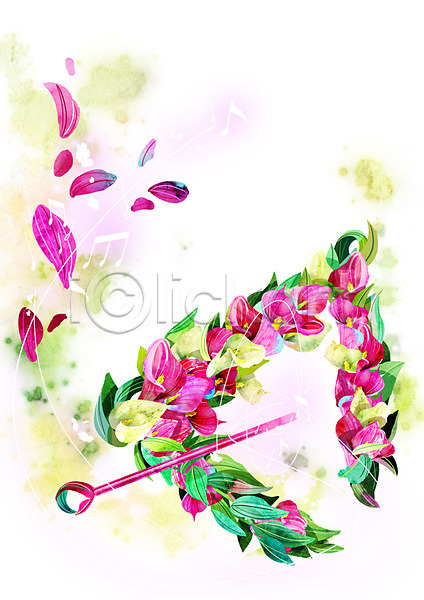신비 화려 사람없음 PSD 일러스트 꽃 꽃잎 백그라운드 분홍색 식물 악기 음표 카라 컨셉 활용