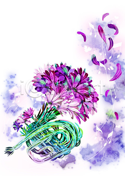신비 화려 사람없음 PSD 일러스트 꽃 꽃잎 백그라운드 보라색 식물 악기 오스테오스펄멈 음표 컨셉 트럼펫 활용