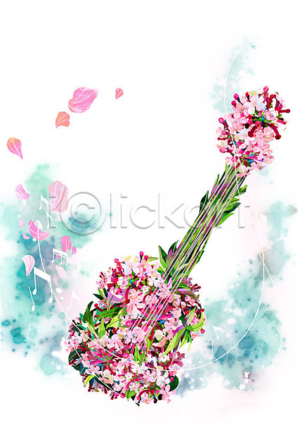 신비 화려 사람없음 PSD 일러스트 기타 꽃 꽃잎 백그라운드 분꽃 분홍색 식물 악기 음표 컨셉 활용