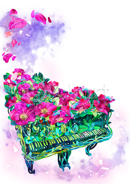 신비 화려 사람없음 PSD 일러스트 건반 꽃 꽃잎 백그라운드 분홍색 식물 악기 음표 컨셉 피아노(악기) 활용