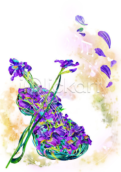 신비 화려 사람없음 PSD 일러스트 꽃 꽃잎 꽃창포 바이올린 백그라운드 보라색 식물 악기 음표 컨셉 활용
