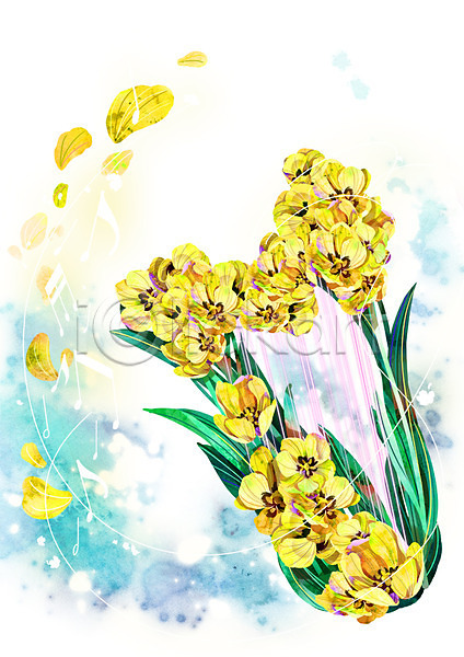 신비 화려 사람없음 PSD 일러스트 꽃 꽃잎 노란색 백그라운드 식물 아네모네 악기 음표 컨셉 하프 활용