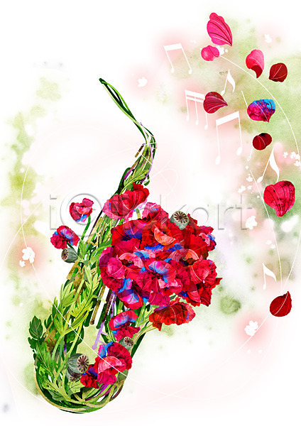 신비 화려 사람없음 PSD 일러스트 꽃 꽃잎 백그라운드 빨간색 색소폰 식물 악기 양귀비 음표 컨셉 활용