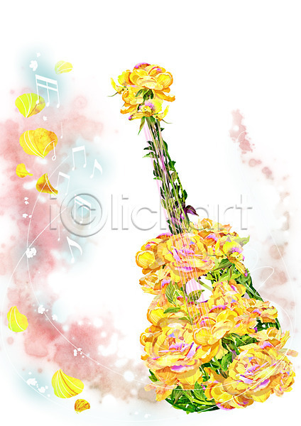 신비 화려 사람없음 PSD 일러스트 기타 꽃 꽃잎 노란색 백그라운드 식물 악기 음표 장미 컨셉 활용