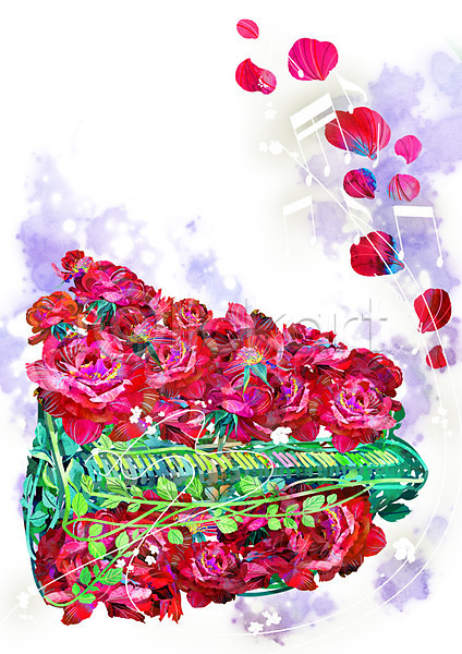 신비 화려 사람없음 PSD 일러스트 건반 꽃 꽃잎 백그라운드 빨간색 식물 악기 음표 장미 컨셉 피아노(악기) 활용
