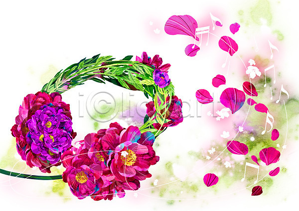 신비 화려 사람없음 PSD 일러스트 꽃 꽃잎 목단 백그라운드 보라색 분홍색 식물 악기 음표 컨셉 헤드셋 활용