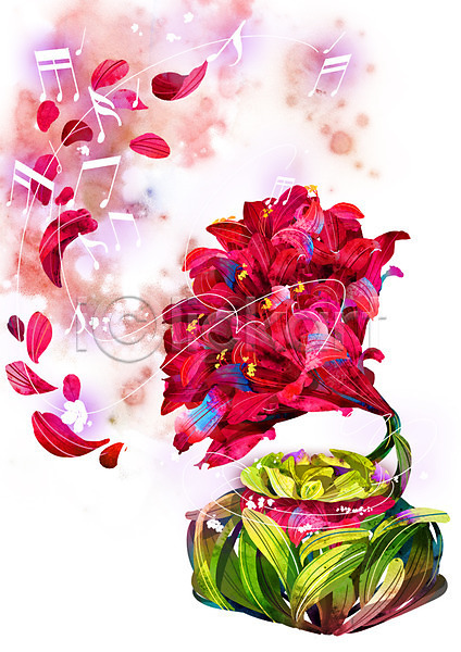 신비 화려 사람없음 PSD 일러스트 꽃 꽃잎 백그라운드 빨간색 식물 아마릴리스 악기 음표 전축 컨셉 활용