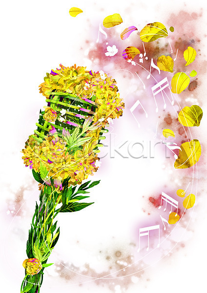 신비 화려 사람없음 PSD 일러스트 꽃 꽃잎 노란색 마이크 매화 백그라운드 식물 악기 음표 죽단화 컨셉 활용