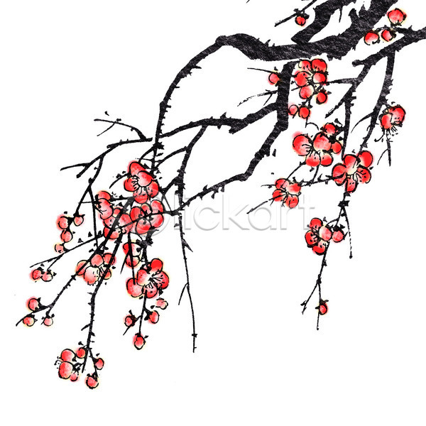 사람없음 JPG 포토 해외이미지 그림 꽃가지 동양화 먹 미술 번짐 벚꽃 붓터치 빨간색 해외202004