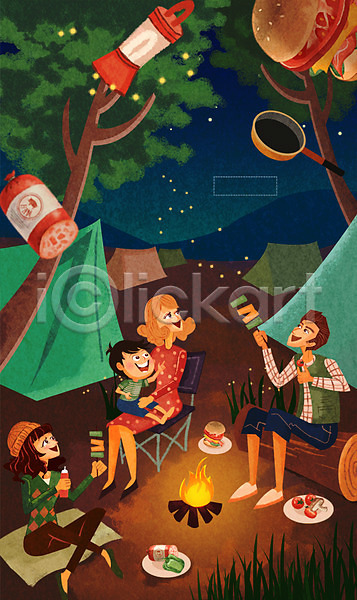 상상 특별함 남자 사람 성인 어린이 여러명 여자 PSD 일러스트 가족 나무 모닥불 무중력 반딧불 야간 야외 음식 캠핑 텐트 판타지