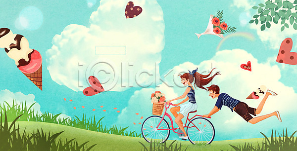 상상 특별함 남자 두명 사람 성인 성인만 여자 PSD 일러스트 구름(자연) 꽃다발 나무 데이트 무중력 아이스크림 야외 자전거 주간 커플 판타지 하늘 하트