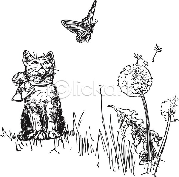 사람없음 EPS 일러스트 해외이미지 검은색 고양이 관찰 그림 나비 두마리 라인아트 민들레 민들레홀씨 올려보기 판화 풀(식물) 해외202004