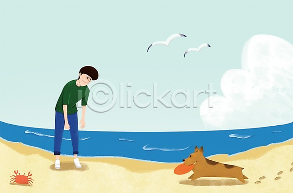 다정 소통 함께함 남자 남자만 남자한명만 사람 한명 PSD 일러스트 갈매기 강아지 꽃게 놀이 바다 반려동물 야외 주간 한마리 해변