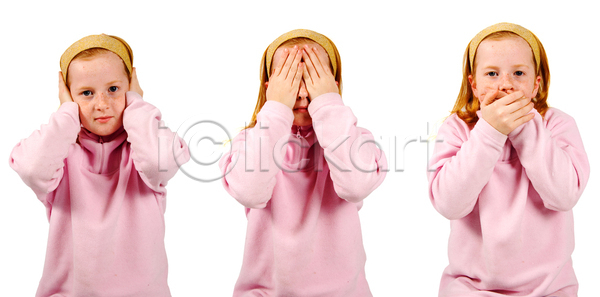 아이디어 침묵 10대 백인 사람 어린이 여자 한명 JPG 포토 해외이미지 1 3 고립 귀 그룹 금지 나쁜 듣기 말하기 백그라운드 비즈니스 손 시각장애인 얼굴 원숭이 응시 입 컨셉 표현 해외202004 해외포토 흰색