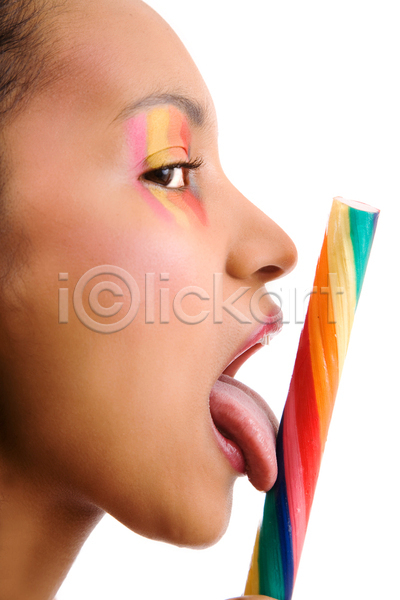 사람 여자 한명 JPG 포토 해외이미지 고립 사탕 유행 핥기 해외202004 혀 화장품 흰배경