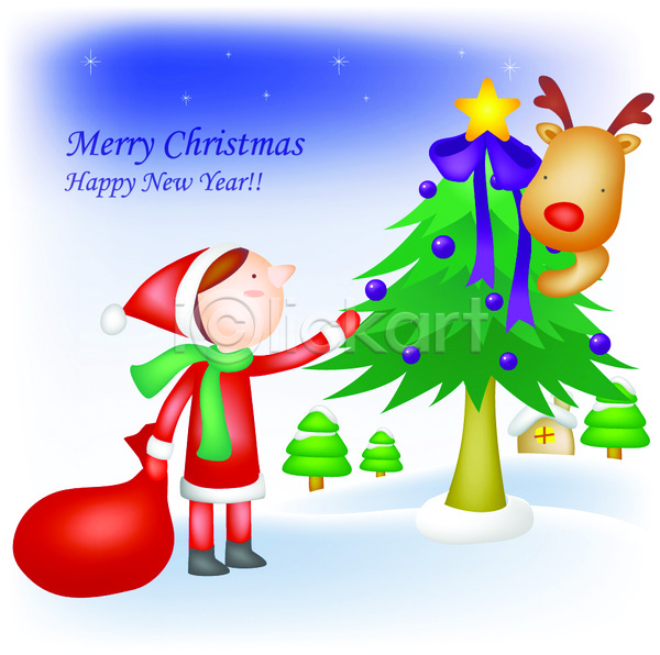 사람 어린이 어린이만 초등학생 한명 EPS 일러스트 e-카드 겨울 계절 기념일 나무 눈(날씨) 루돌프 산타옷 산타클로스 선물 야간 야외 카드(감사) 캐릭터 크리스마스 크리스마스캐릭터 크리스마스트리