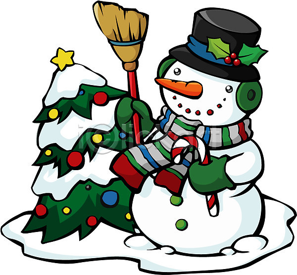 사람없음 EPS 일러스트 겨울 계절 나무 눈(날씨) 눈사람 모자(잡화) 목도리 빗자루 사계절 자연 장갑 크리스마스 크리스마스장식 크리스마스트리